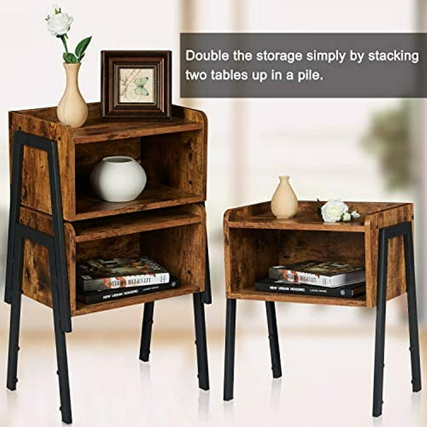 Metal Frame Industrial Accent Furniture Side Table for Small Spaces Set of 2 Stackable End Table Nightstand Rustic Brown